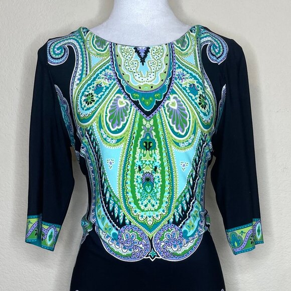 Sandra Darren Women's Blue Green Paisley 3/4 Sleeve Midi Dress Career Sz 10 - Picture 2 of 10